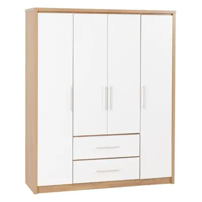 Seville Door Drawer Wardrobe White Gloss and Oak Effect Hanging Rail Shelves