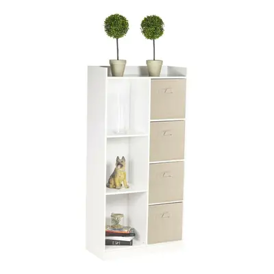 (White, Beige) Bookcase with Fabric Drawers | Cube Wooden Unit