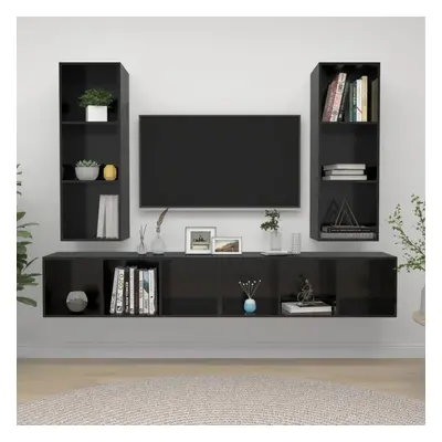 vidaXL 4x Wall Mounted TV Cabinets High Gloss Black Chipboard Living Room