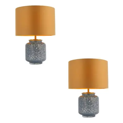 2 PACK Cobalt Glass Base Table Lamp Light & Gold Fabric Shade - Antique Brass