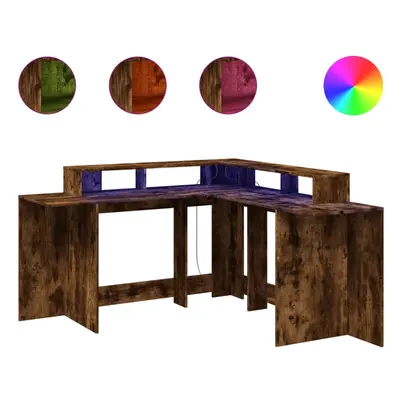 vidaXL Desk with LED Lights Writing Working Table Smoked Oak Engineered Wood