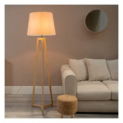 ValueLight Lottie Pink Taper Shade Natural Wood Tripod Floor Lamp