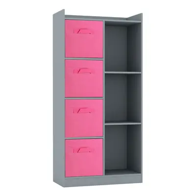 (Grey, Dark Pink) Bookcase with Fabric Drawers | Cube Wooden Unit