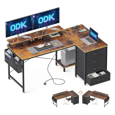 ODK Corner Desk with Drawers, Shaped Computer Desk with USB Charging