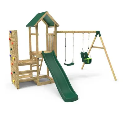 (Rainier+) Rebo Wooden Climbing Frame with Vertical Rock Wall, Swing Set and Slide