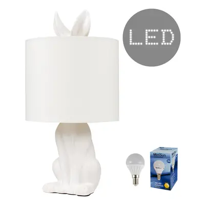 Modern Matt White Ceramic Rabbit/Hare Table Lamp with a White Shade - Complete with a 4w LED Gol