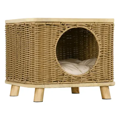 PawHut Elevated Design Wicker Cat House with Washable Cushion, Light Brown