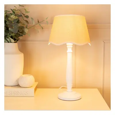 ValueLights Victoria Scallop White Trim Shade White Wood Table Lamp