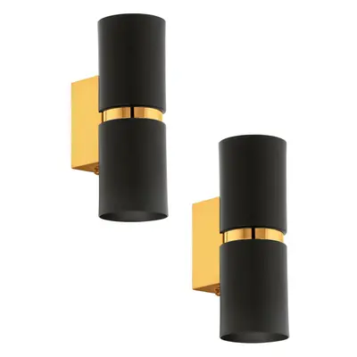 2 PACK Wall Light 2x Black Shades Gold Banding & Back Plate GU10 3.3W Included