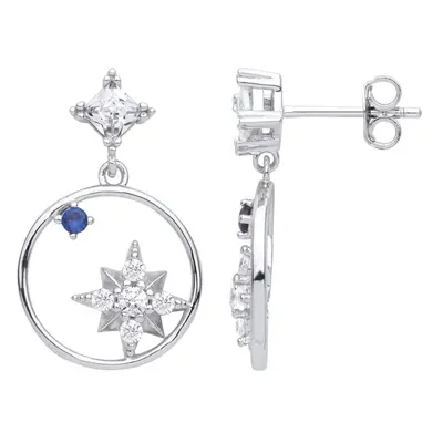 Jewelco London Ladies Rhodium Plated Sterling Silver Blue Princess CZ Orbit Star Planet Drop Ear