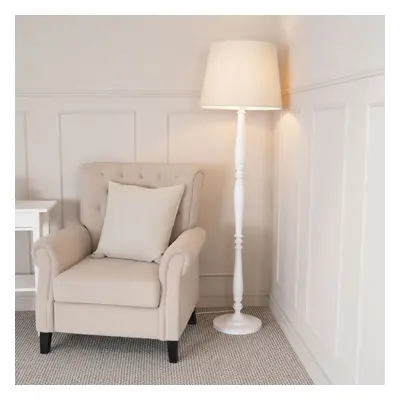 ValueLights Victoria Beige Taper Shade White Wood Stem Floor Lamp