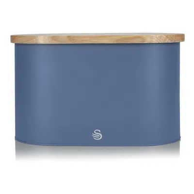 Swan Nordic Oval Bread Bin w/Bamboo Cutting Board Lid Scandi Carbon Steel Soft Touch - Blue