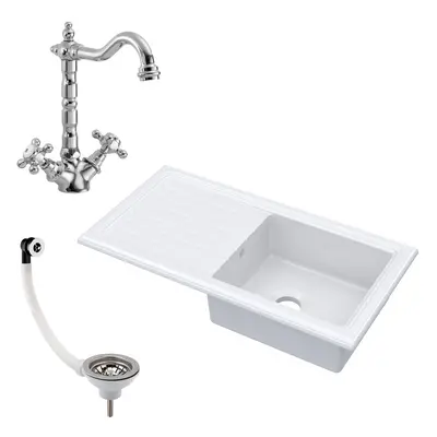 Single Bowl Fireclay Inset Kitchen Sink & Drainer, Classic Tap & Wastes, 1010mm