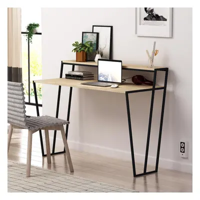 FWStyle Modern Home Office Student Study Desk Black Metal Frame Natural Oak