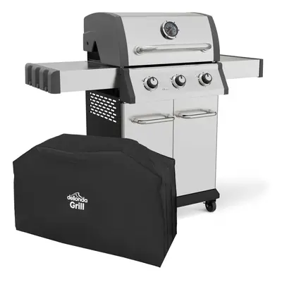 3 Burner Deluxe Gas BBQ Grill with Piezo Ignition, Water Resistant Cover, Stainless Steel - DG23