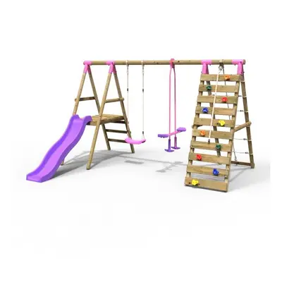 (Obsidian, Pink) Rebo Wooden Swing Set with Deck and Slide plus Up and Over Climbing Wall