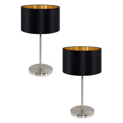 2 PACK Table Lamp Colour Satin Nickel Steel Shade Black Gold Fabric E27 1x60W