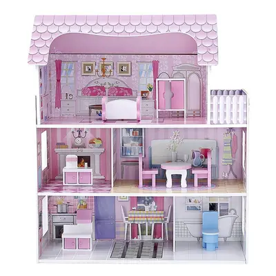 Large Wooden DIY Handmade Assemble Level Doll House with Full Furniture Pretend Play Toy for Gif