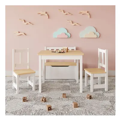 (White/Oak) Wooden Kids Table, Chairs & Toy Storage Bench