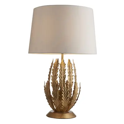 Ornate Gold Table Lamp Light & Ivory Cotton Fabric Shade Decorative Leaf Design