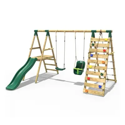 (Moonstone, Green) Rebo Wooden Swing Set with Deck and Slide plus Up and Over Climbing Wall