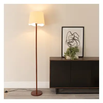 ValueLights Heather Dark Wood Scallop White Trim Lamp Floor Lamp & Bulb