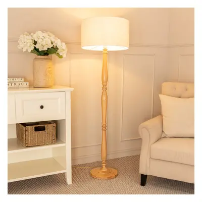 Victoria Linen White Trim Drum Shade Wooden Floor Lamp and LED Bulb