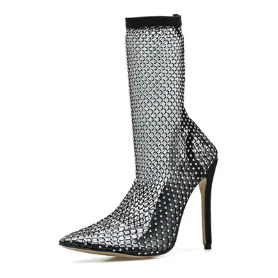 Crystal Rhinestone Mesh Stretch Fabric Sock Boots PVC Transparent Pointed Toe Shoes Sexy High He