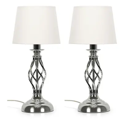 Pair of Traditional Silver Chrome Table Lamps Fabric Shade Light + LED