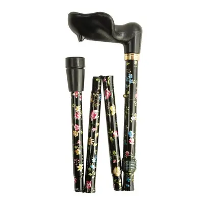 Anatomical Black Floral Folding Walking Cane - Left Handed