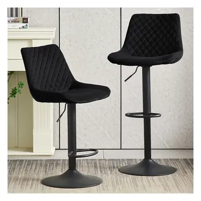 (Black) 2pcs Velvet Bar Stools Swivel Gas Lift Rest Chair