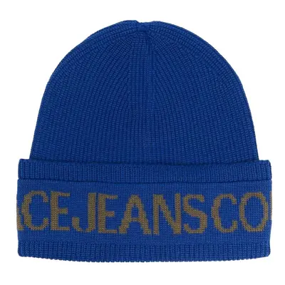 VERSACE JEANS COUTURE Big Beanie Hat Blue Olive Logo Cuff, blue, Large