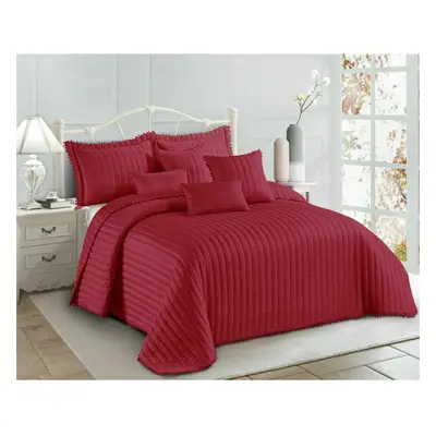 (Red, King) 3pcs Quilted Beautiful Pom Pom Bedspread Comforter Throw Set With 2Pillow Shams