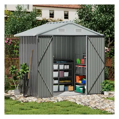 8x6 ft Apex Metal Shed Garden Storage Shed with Double Door, Grey