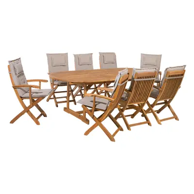 8 Seater Acacia Wood Garden Dining Set Taupe Cushions MAUI