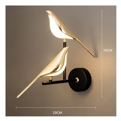 (2 head, Natural Light) Nordic LED Golden Bird Wall Lamp Parlor Bar Bedside Hanging Light Novelt