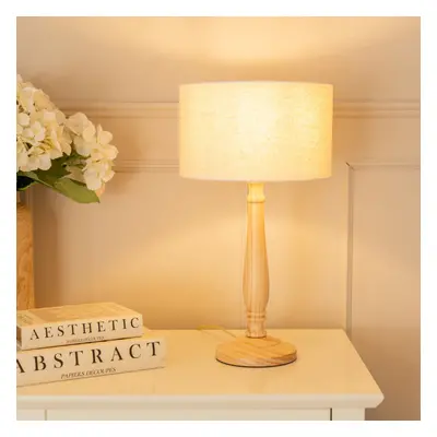 Victoria Linen White Trim Drum Shade Wooden Table Lamp and LED Bulb