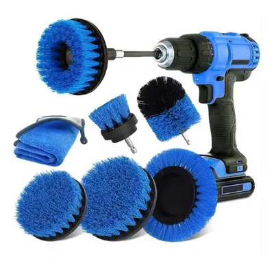 (Blue) 8pcs Cleaning Drill Brush Set Power Scrubber Cleaning Brush Kit with Extension Rod for Ca