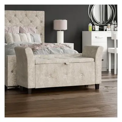 (Crushed Velvet Champagne) Seville Storage Ottoman Winged Padded Bench Stool