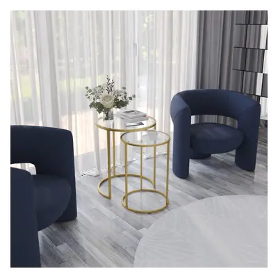 (Gold Legs Transparent Glass) Pcs Round Nesting Side Tables Set Tempered Glass Top Metal Leg Cof