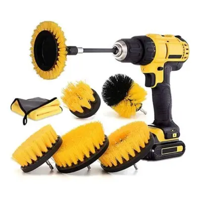 (Yellow) 8pcs Cleaning Drill Brush Set Power Scrubber Cleaning Brush Kit with Extension Rod for 