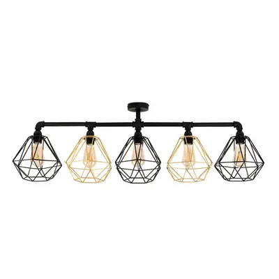 Industrial Way Black Pipework Ceiling Light Black & Gold Cage Shades