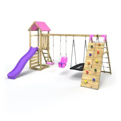 (Sanford Pink) Rebo Challenge Wooden Climbing Frame with Swings, Slide and Up & Over Climbing Wa