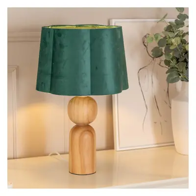 ValueLights Azalea Wooden Table Lamp with Green Velvet Scallop Shade