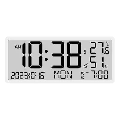 (White) Large LCD Digital Wall Clock with Temperature and Humidity Display, Alarm, Desktop and H