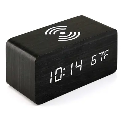 (Black) LED Digital Alarm Clock Creative Multi-functional Wireless Charging Wooden Snooze Clock