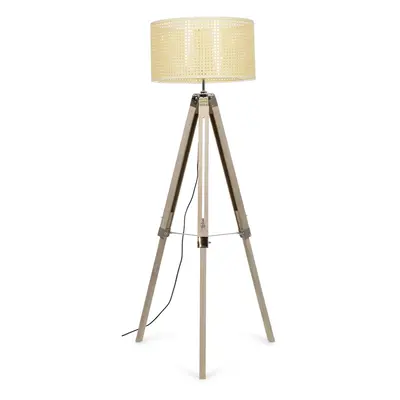 Clipper Light Wood/Chrome Tripod Floor Lamp + Reni Wicker Drum Shade + 6W ES LED GLS Bulb