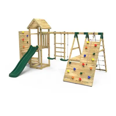 (Pennine+) Rebo Wooden Climbing Frame with Vertical Rock Wall, Swing Set and Slides