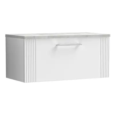 Retro Drawer Wall Hung Vanity Unit with Bellato Grey Laminate Worktop - 800mm - Satin White - Ba