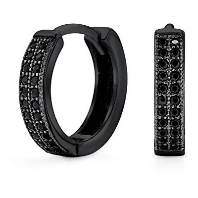 Unisex Black Pave CZ Cubic Zirconia Micro Pave Row Slender Huggie Hoop Earrings For Women Teens 